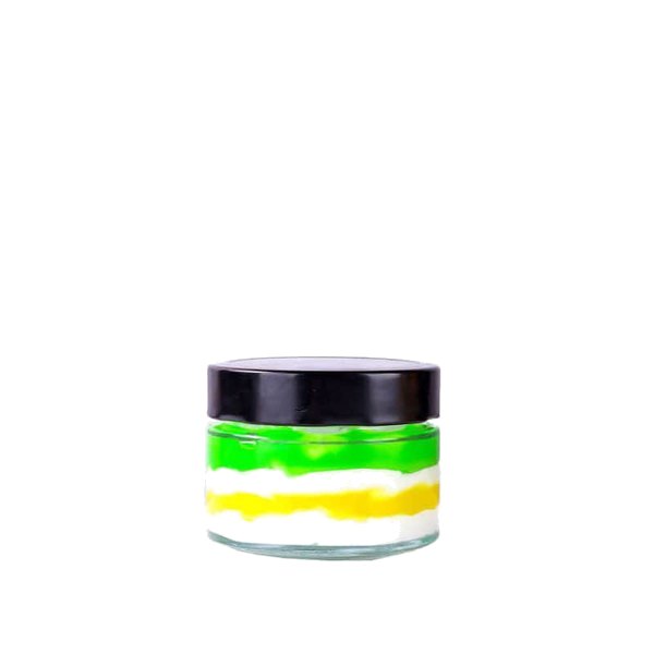 Kleines rundes 180-ml-Glas mit grün-gelb geschichtetem Inhalt