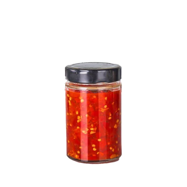 200-ml-Glas der Serie 58 mit roter Chilisauce und schwarzem Deckel