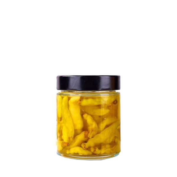 Rundes 380-ml-Glas mit eingelegtem Gemüse und schwarzem Deckel
