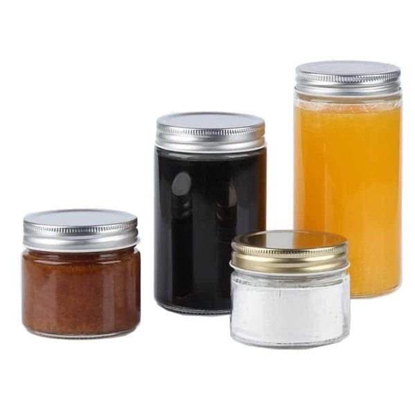 Gruppe von Marmeladengläsern der Serie 93 mit Konfitüre, silberne und schwarze Twist-off-Deckel