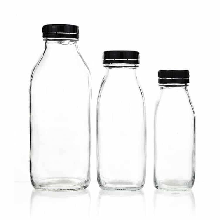 Tres botellas French Square de vidrio para leche, vacías y con tapa negra, en tres tamaños
