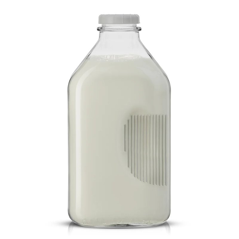 Botella de vidrio para leche de medio galón con agarre lateral moldeado, llena de leche