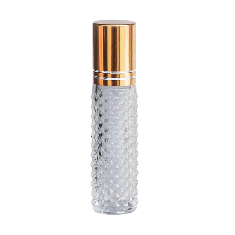 Embossed diamond-textured glass roller bottle with a gold cap