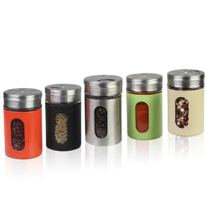 Cinco espolvoreadores de vidrio para especias con color por aspersión en rojo, negro, acero, verde y crema, cada uno con ventana de visión