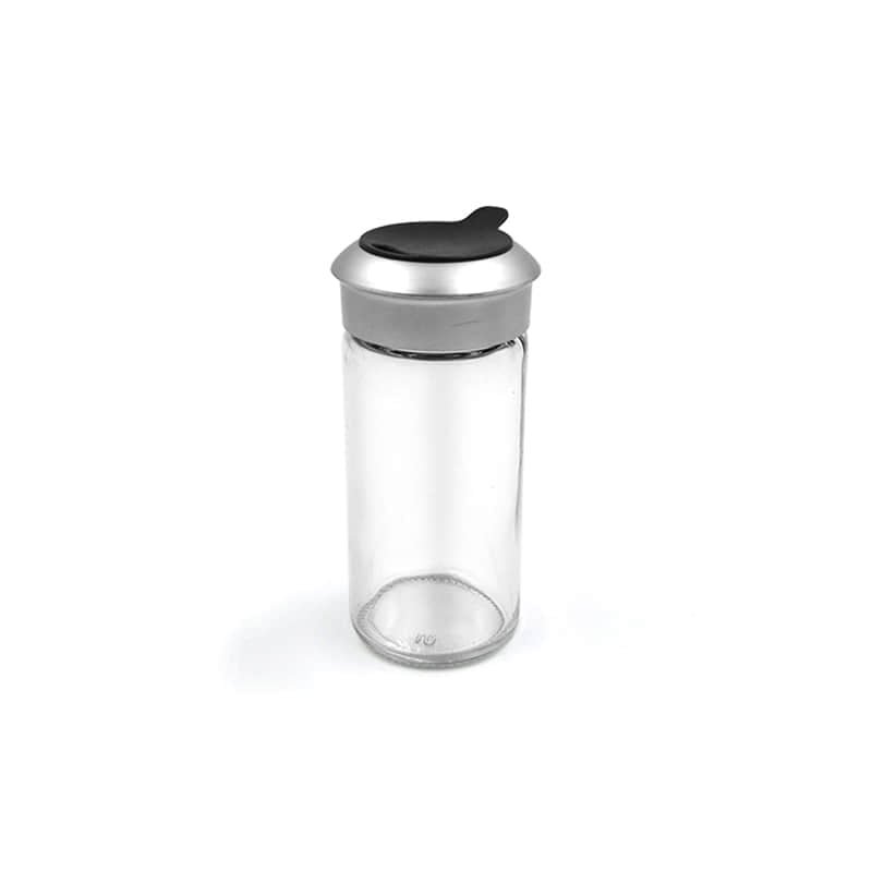 Tarro de vidrio transparente para condimento con tapa abatible negra y de acero