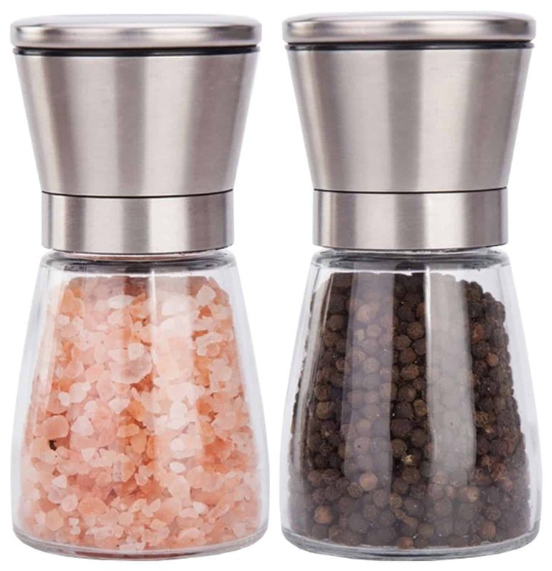 Par de molinillos de pimienta de vidrio con cabezal de acero inoxidable, llenos de sal y pimienta en grano