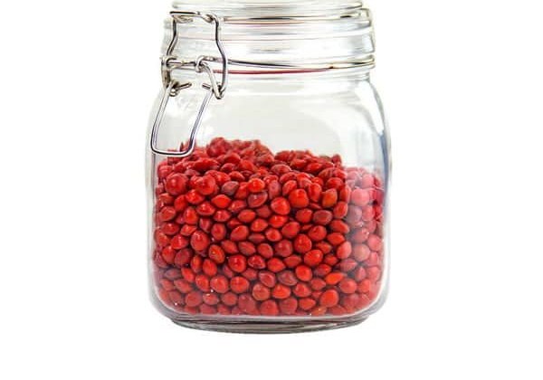 Eckiges Bügelglas mit getrockneten roten Beeren