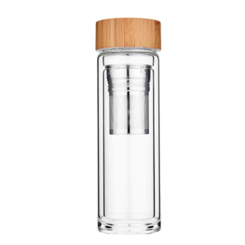 Doppelwandige Glasflasche mit Bambusdeckel und innenliegendem Tee-Einsatz