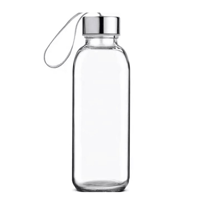 Trinkflasche aus Klarglas mit Edelstahldeckel und Stoffschlaufe