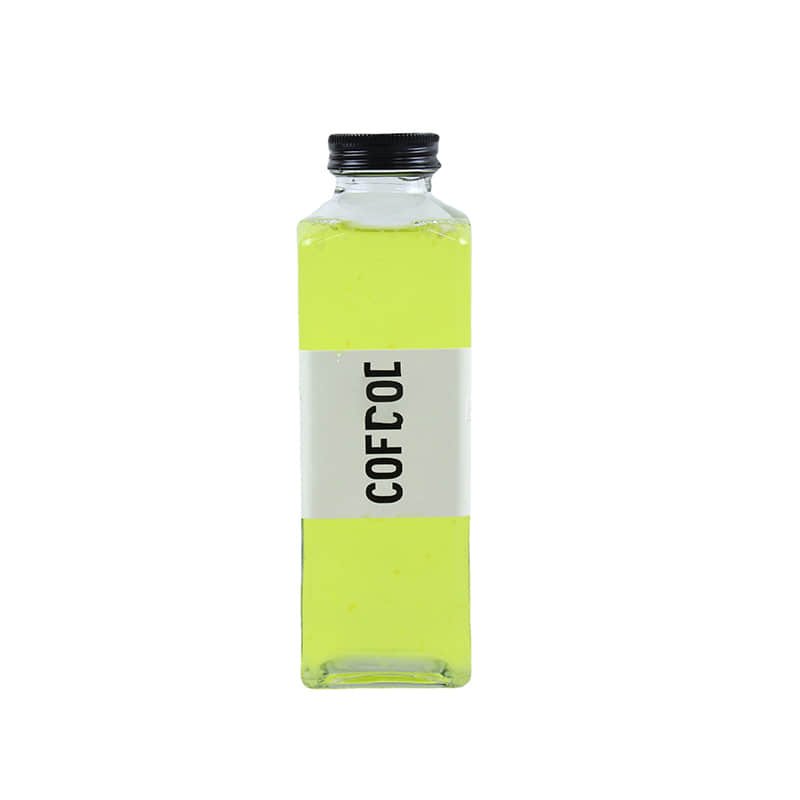 Vierkant-Wasserflasche aus Glas mit Sleeve-Etikett und schwarzem Verschluss