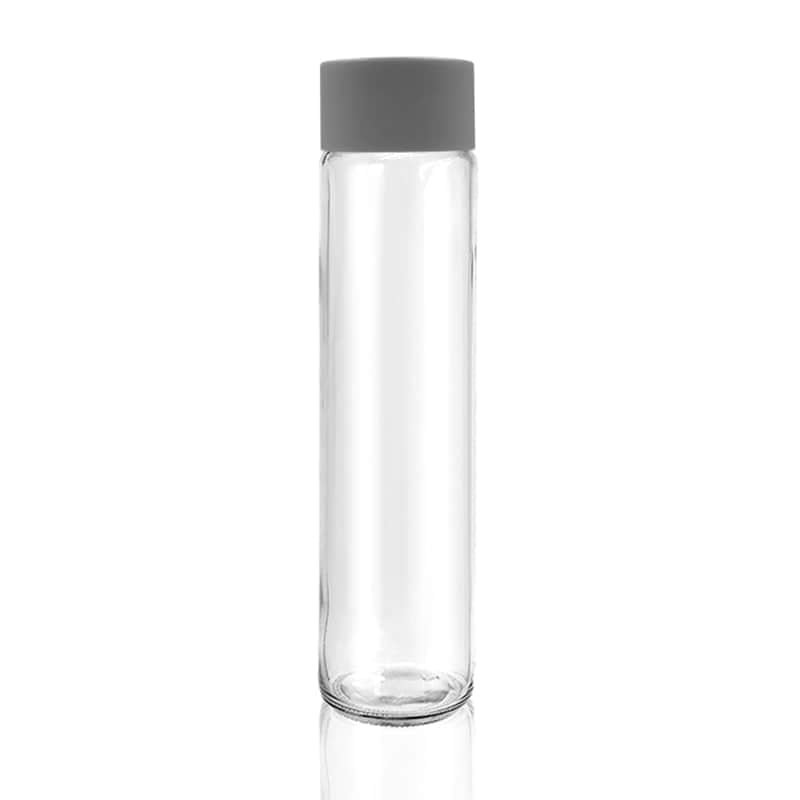 Hohe zylindrische Wasserflasche aus Glas mit grauem Schraubdeckel
