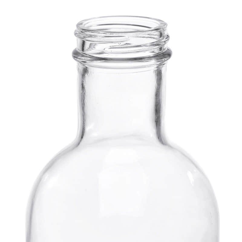 Nahaufnahme von Schulter und Mündung einer leeren gedrungenen Saucenflasche