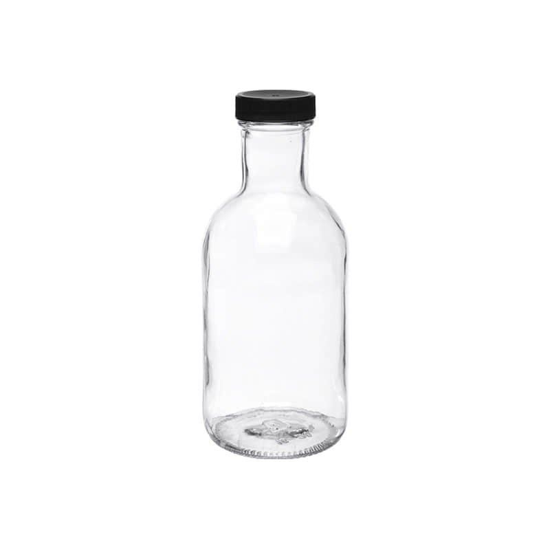 Leere klare gedrungene Saucenflasche mit kurzem breitem Körper