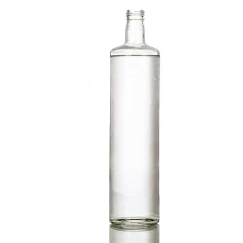 Leere klare Dorica-Olivenölflasche, 1 Liter, 32,5 cm hoch, vor neutralem Hintergrund