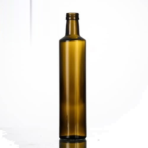 Leere antikgrüne Dorica-Olivenölflasche, 500 ml, 28,0 cm hoch, vor neutralem Hintergrund