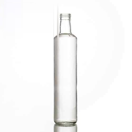 Leere klare Dorica-Olivenölflasche, 500 ml, 27,5 cm hoch, vor neutralem Hintergrund