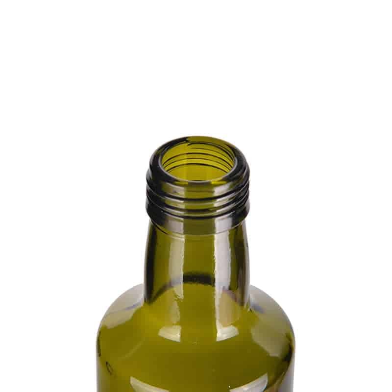Nahaufnahme von Gewindemündung und Dichtfläche einer dunkelgrünen Olivenölflasche