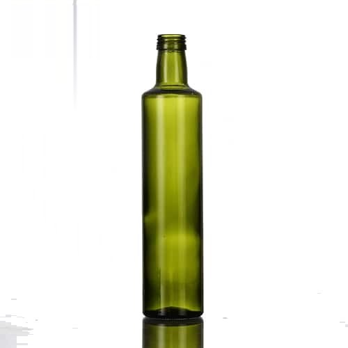 Leere dunkelgrüne Dorica-Olivenölflasche, 500 ml, 28,0 cm hoch, vor neutralem Hintergrund