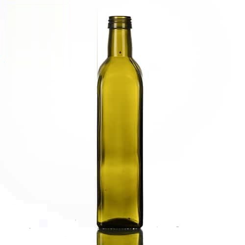 Leere antikgrüne Marasca-Olivenölflasche, 500 ml, 26,5 cm hoch, vor neutralem Hintergrund