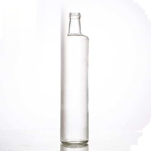 Leere klare Dorica-Olivenölflasche, 750 ml, 31,0 cm hoch, vor neutralem Hintergrund