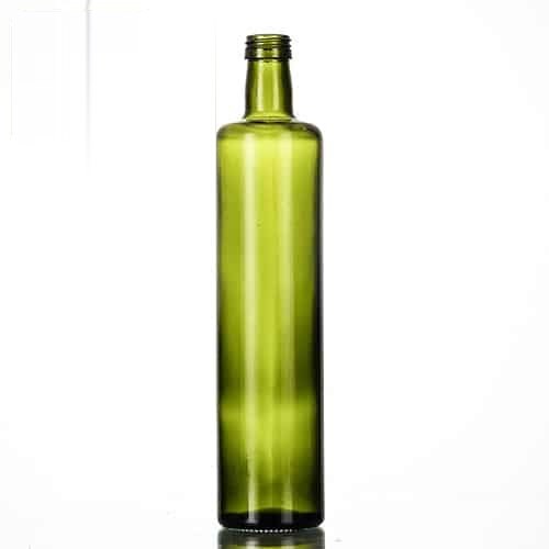 Leere dunkelgrüne Dorica-Olivenölflasche, 750 ml, 31,0 cm hoch, vor neutralem Hintergrund