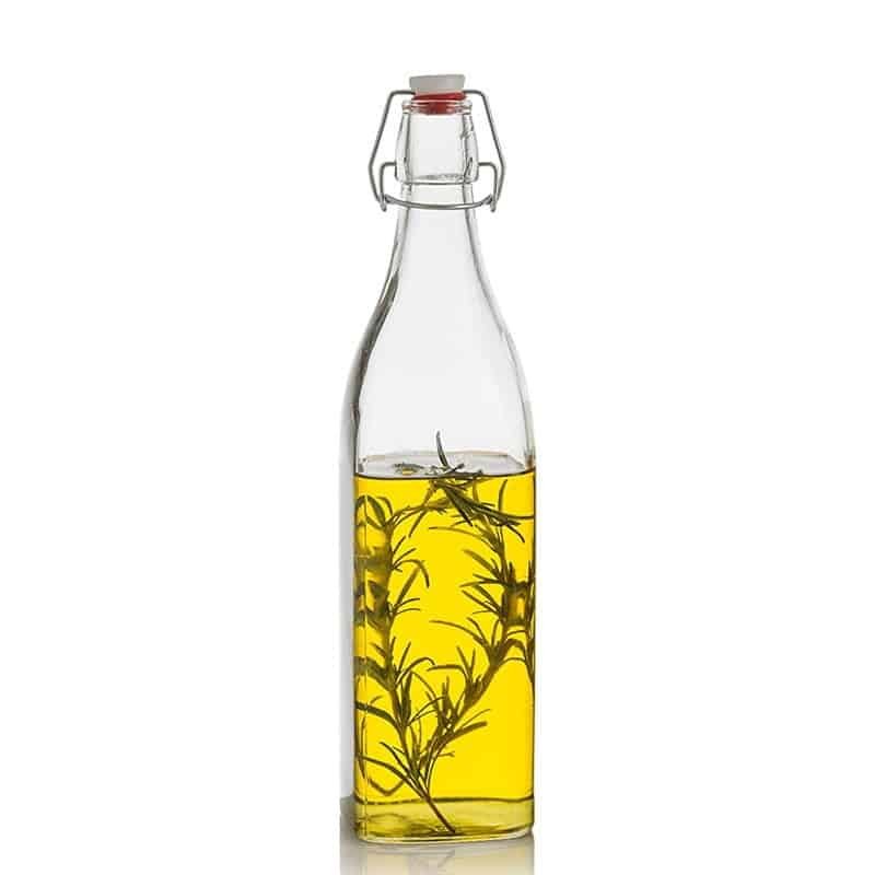 Bügelverschlussflasche aus Klarglas mit Drahtbügel und Keramikstopfen, 1000 ml