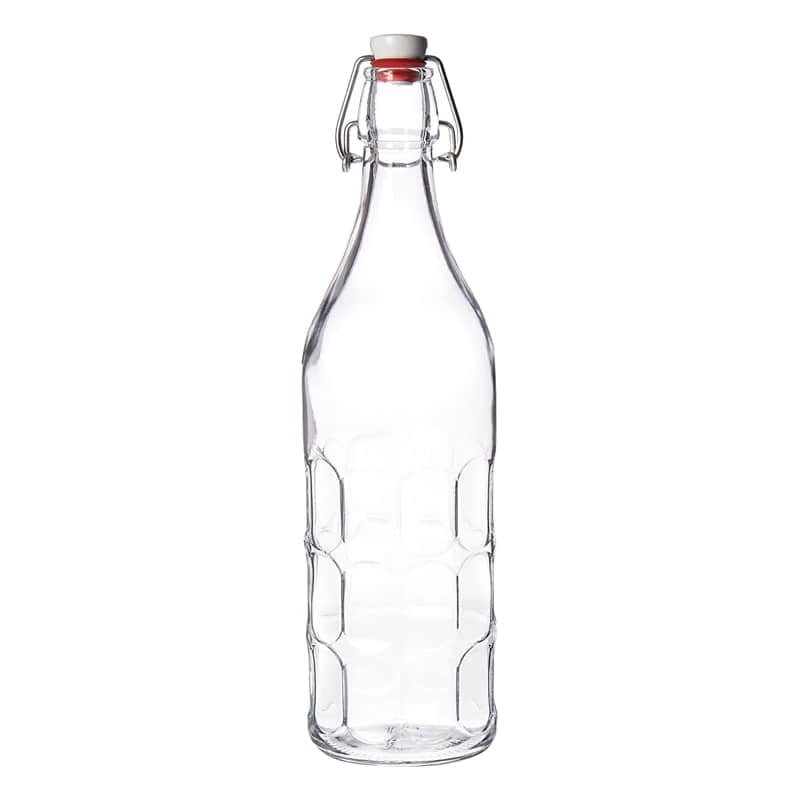 Ein-Liter-Bügelverschlussflasche mit geformter Struktur über den Körper, mit einem Fruchtgetränk gefüllt