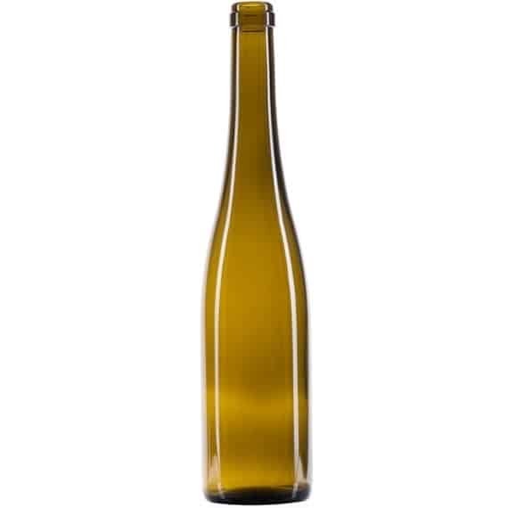 Tall slim hock wine bottle in antique green, empty