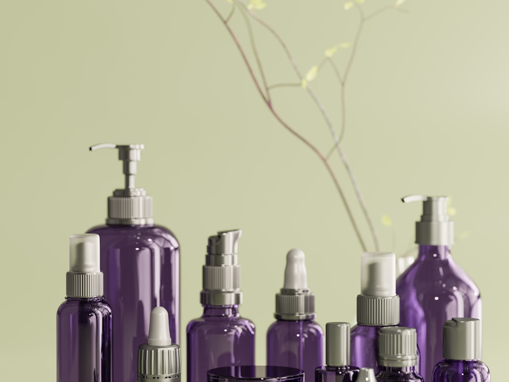 Violet glass skincare bottle collection