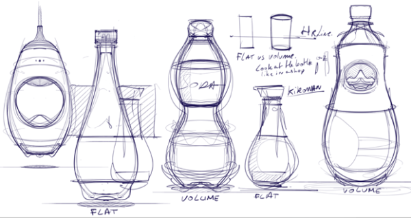 Custom glass bottle design sketches — flat and volume concepts