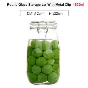 1.5L round glass storage jar with metal clip
