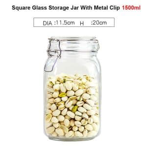 1.5L square glass storage jar with metal clip