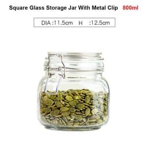 800ml square glass storage jar with metal clip