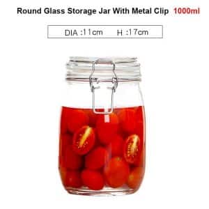 1L round glass storage jar with metal clip