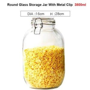 3.8L round glass storage jar with metal clip