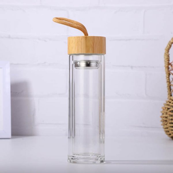 Double Wall Water Bottle With Bamboo Wood Lid