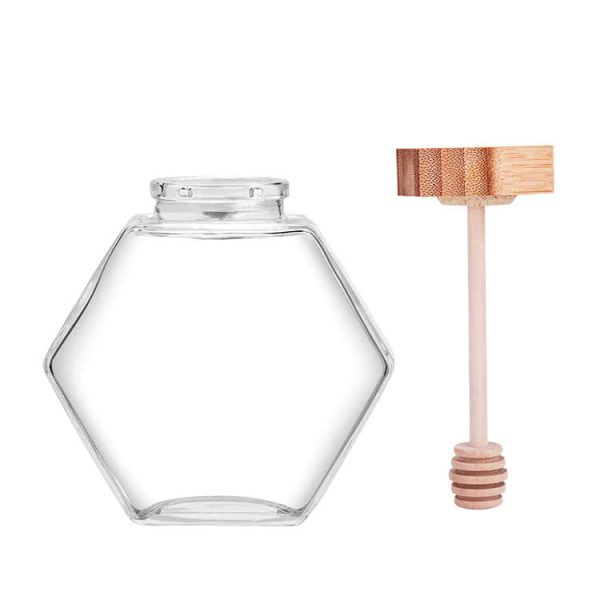 Hexagon Shape Honey Pot Jar with Dipper Lid